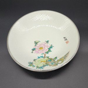Vintage Famille Rose 10.5" Porcelain Satin Mat Asian Low Bowl Silver Rim Signed